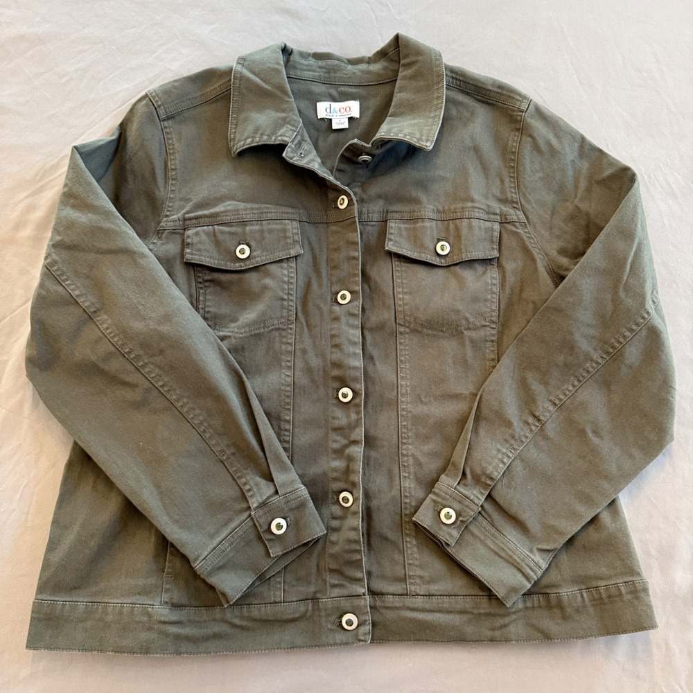 Denim & Co Women Olive Green Rhinestone Button Trucker Jacket Size L Cotton